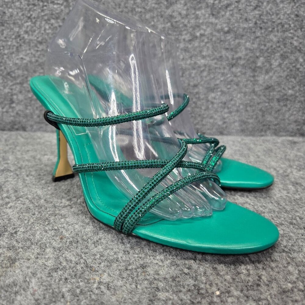 ZARA Green Ankle Rhinestone Open Toe Stiletto Heels Sandals Satin EUR 41 US 10